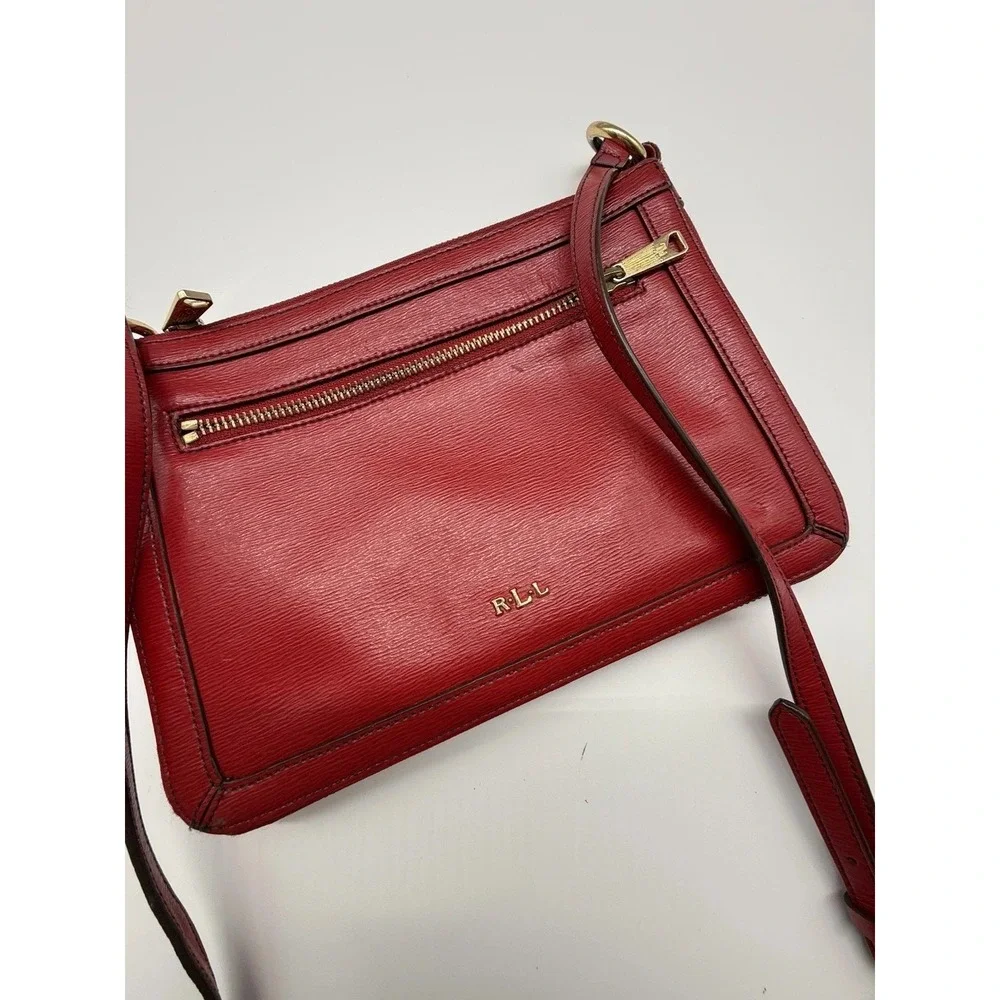 LRL Lauren Ralph Lauren Vintage Red Leather Gold‎ Zipper Purse Handbag
